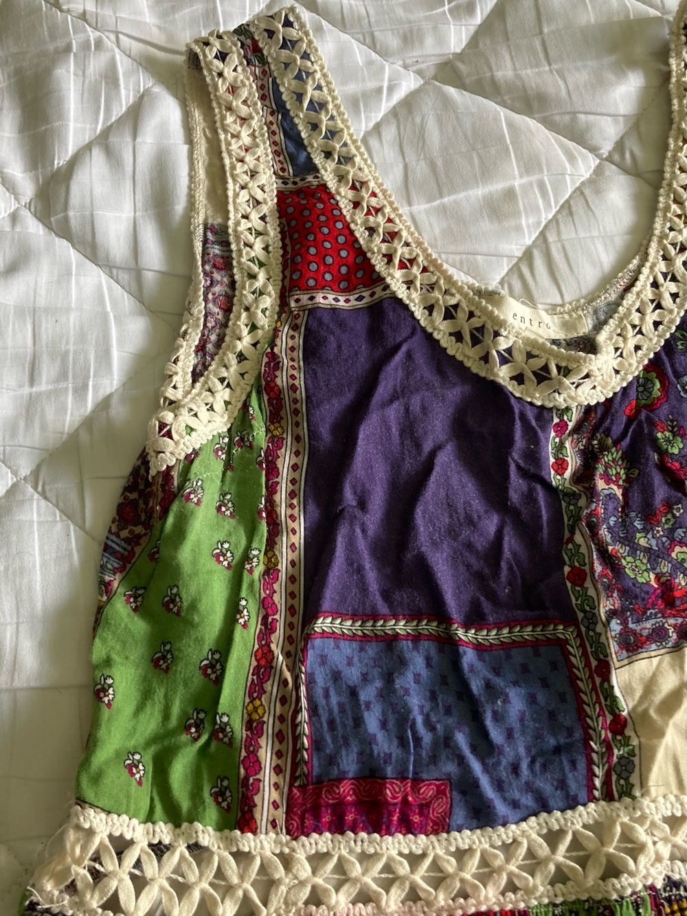 Boho Multicolor Patchwork Cotton Top with Crochet Trim Sleeveless Size M Hippie - Picture 3 of 7